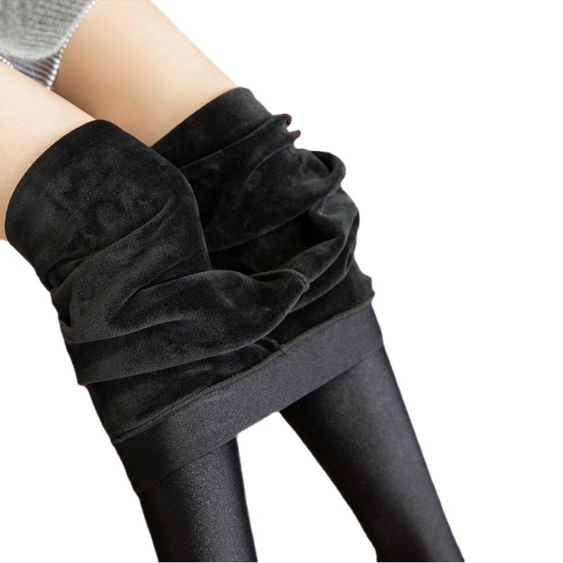 [Fleece-forrado grueso] otoño e invierno brillante pantalones de las mujeres de cintura alta desgaste exterior más tamaño alto elástico abajo pantalones calientes