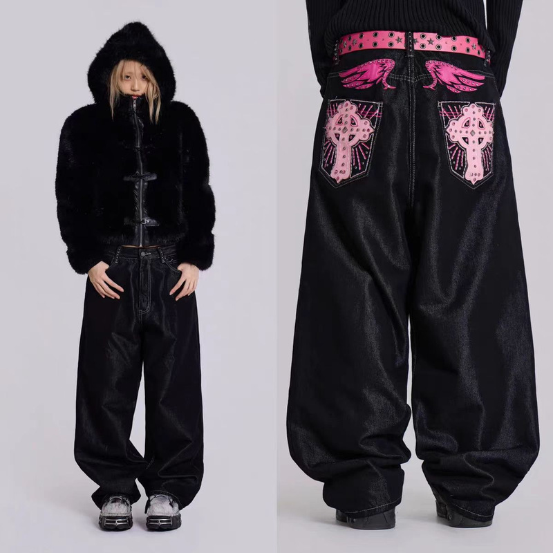 Jaded London European and American Trendy Retro Style Wings Cross Men's and Women's Straight Wide-Leg Pants and Jeans