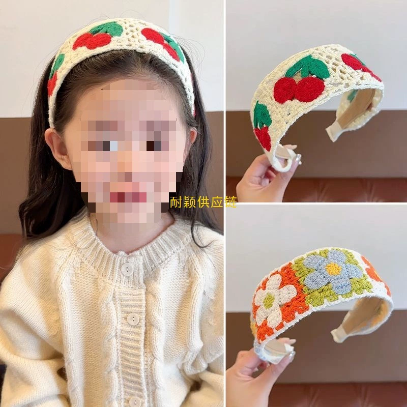 Детская вязаная повязка на голову, bangs, заколки для волос, с вышивкой, цветочная