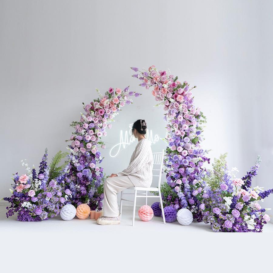 紫色求婚仪式装饰牛角拱门套装 婚礼仪式舞台拍照布置仿真花