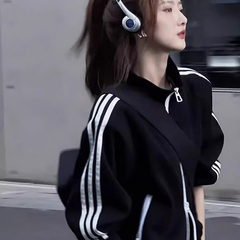 黑色开衫卫衣女春秋款2025新款宽松小个子加绒加厚棒球服短款外套