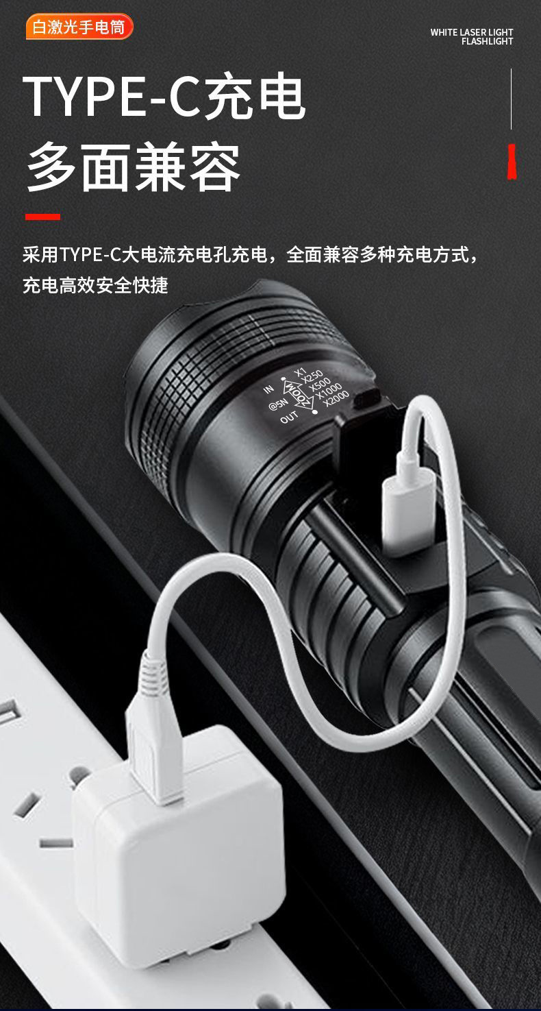 Cross-Border Multi-Functional Strong Light Flashlight with Digital Display, Zoom, Emergency Flashlight, Outdoor Rechargeable Long-Range Portable Flashlight