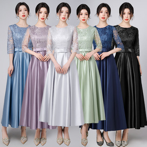 Long lace Evening Dress for women girls Long Korean wedding party bridesmaid Banquet Lace Dress  Party Host Dress