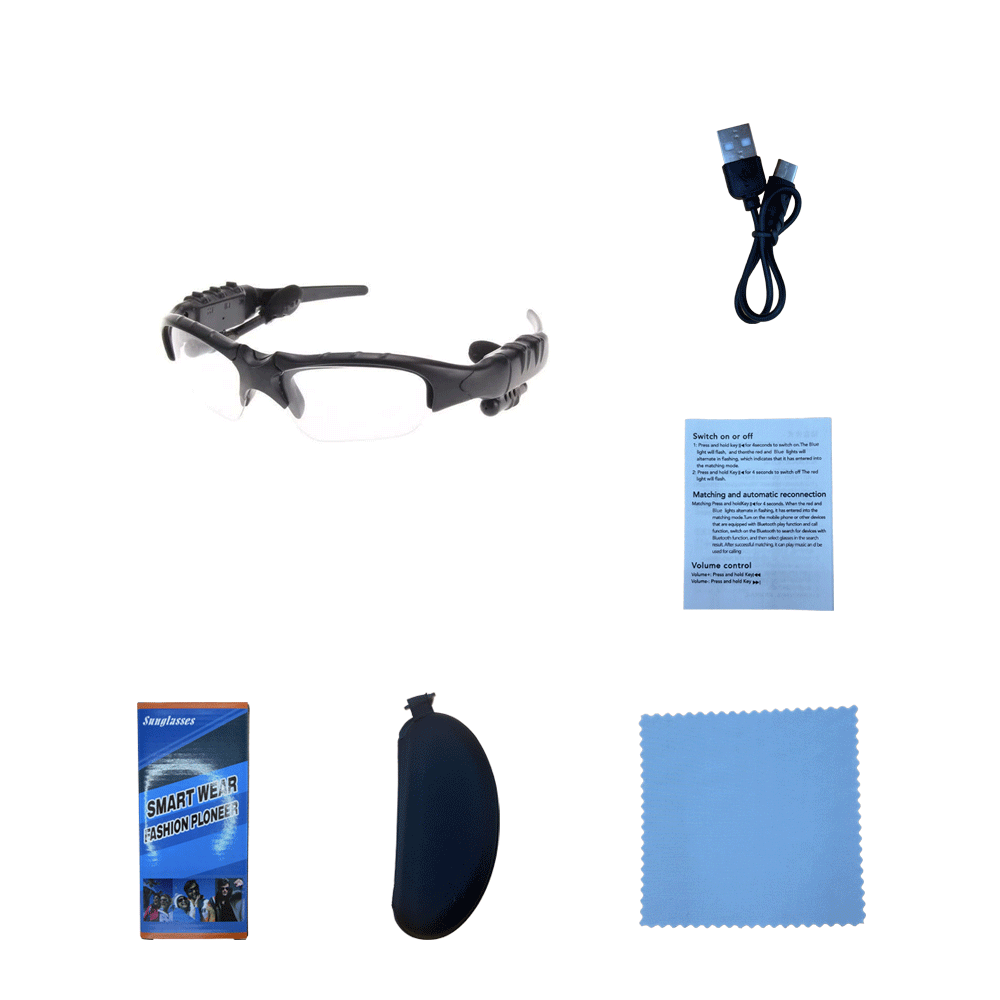 Juego completo de lentes transparentes con montura negra (incluye caja de color, funda de cuero, paño para gafas, manual y aguja).