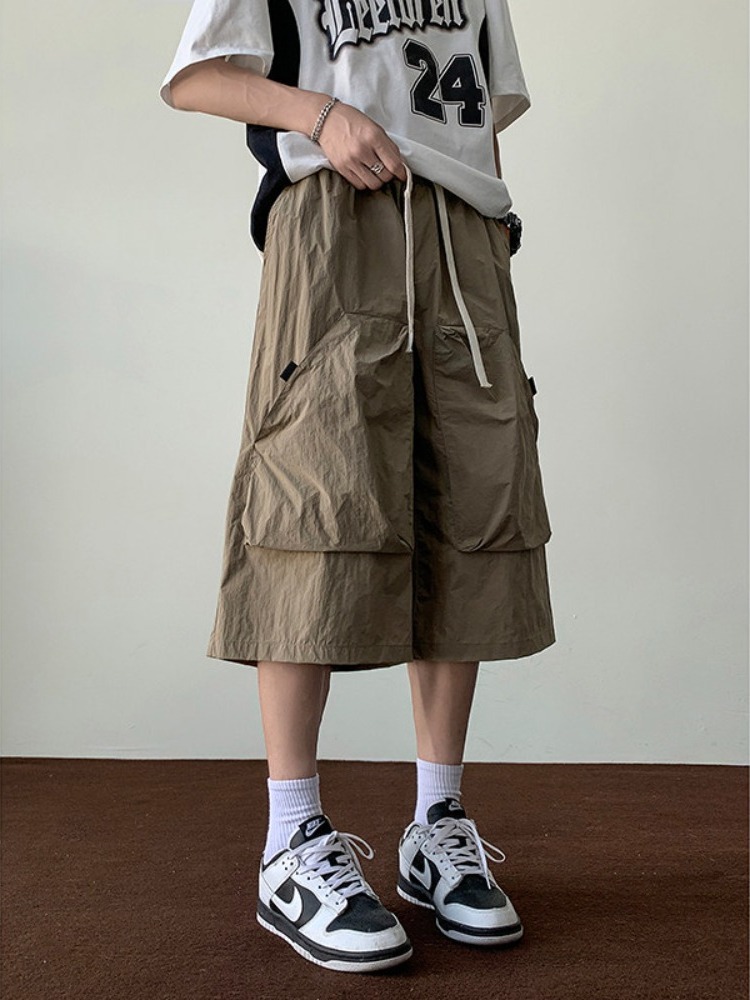 khaki Japanese Retro Tooling Cropped Pants Men's Summer Thin Quick-drying Cropped Pants Straight-leg Over-the-knee Wide-leg Shorts