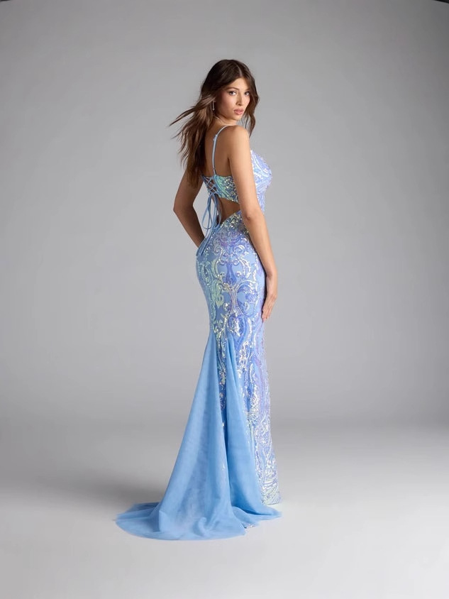 Venta caliente transfronteriza europea y americana nueva fiesta de las mujeres con cuello en V azul lentejuelas vestido sexy vestido de noche