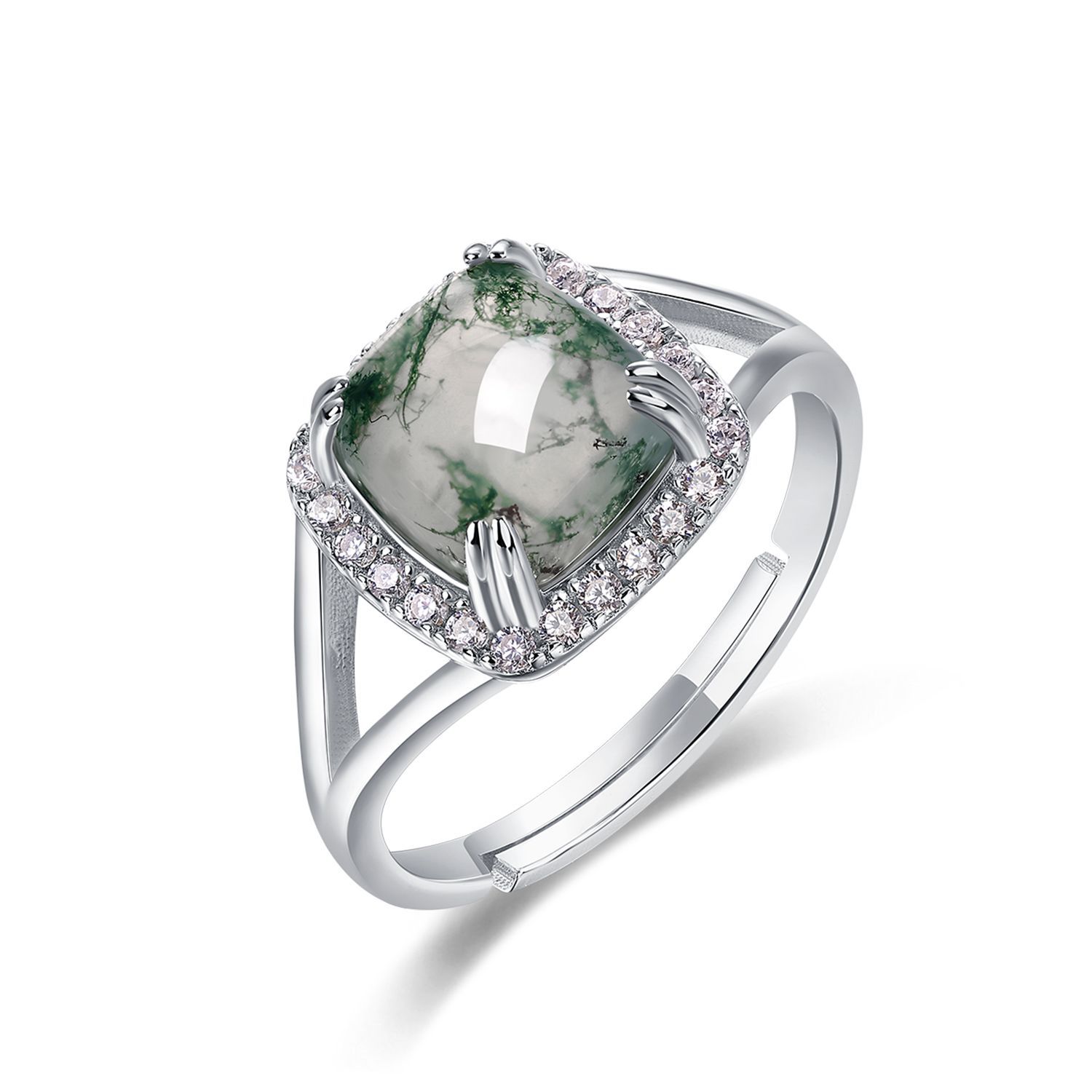 Nuevo estilo transfronterizo de torre de azúcar, anillo de ágata de hierba de agua natural S925, joyería de piedra de musgo verde plateado, estilo simple europeo y americano