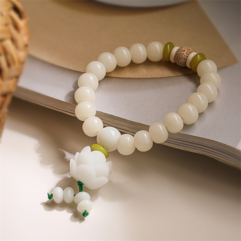 Pulsera de cuentas de raíz de bodhi de jade blanco al por mayor flor de bodhi de jade blanco loto Buda cuentas rosario bodhi pulsera joyas escénicas