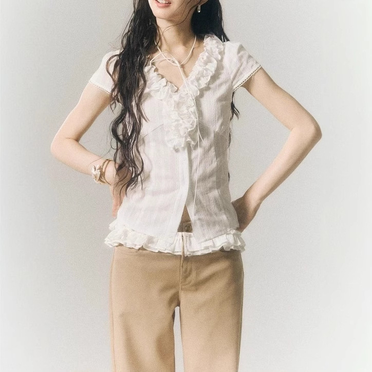 Sereneease French Retro Ruffle Shirt Summer New Lace Waist Slimming Look Short-Sleeved Shirt