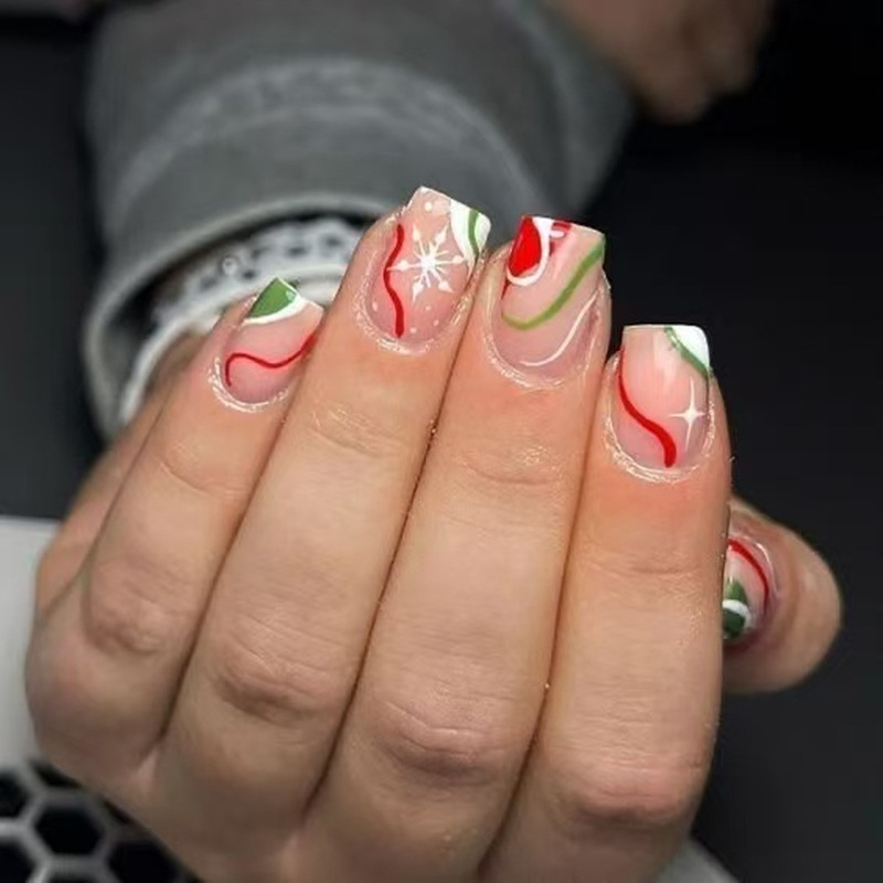 Christmas Red, Green and White Stripesd Snowflake Design Short Square Pink Wearable Manicure Nail Patch Export Fake Nail Patch