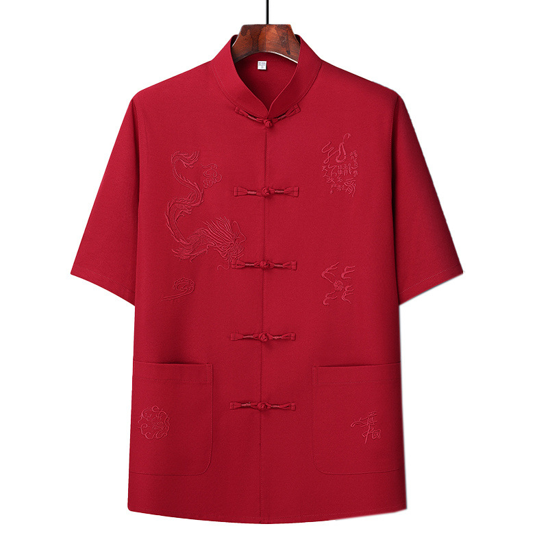 Classic Car Middle-aged and Elderly Tang Dress Men's Dad Summer Short-sleeved Ice Silk High-end suit Chinese Style Thin Style for Grandpa