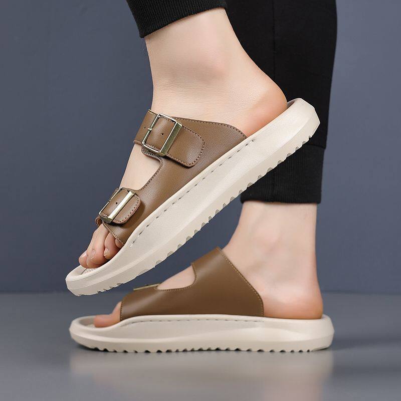 Dép sandal nam quai ngang đục lỗ kiểu La Mã, đế bằng 2 cm, thoáng khí — Màu nâu, màu đen