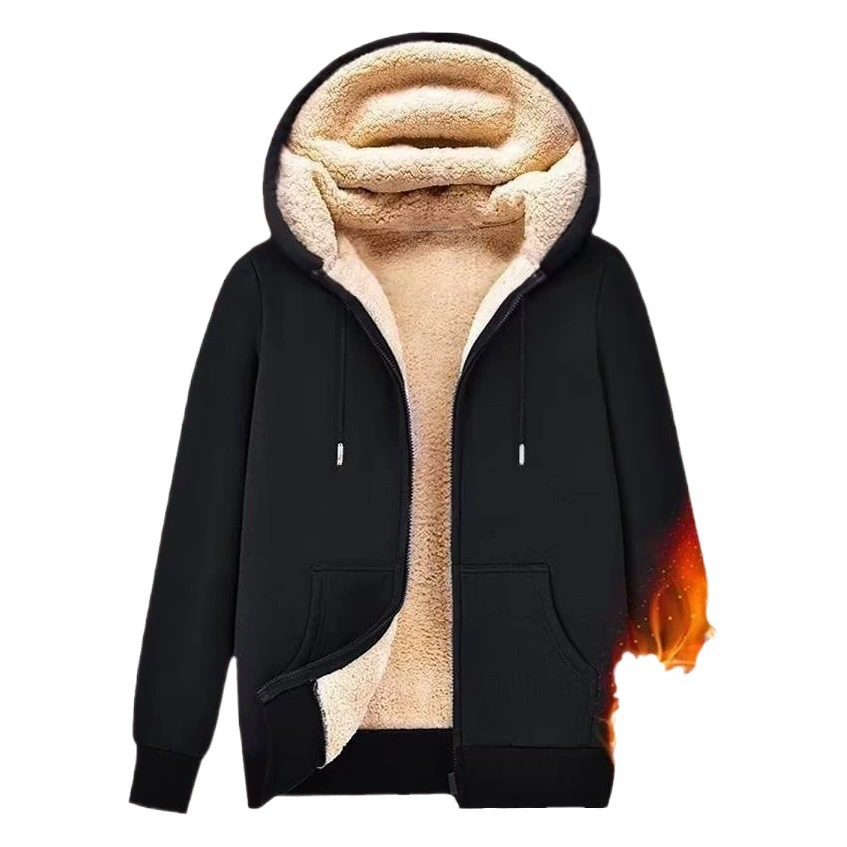 Мужская толстовка на молнии, осень-зима 2026, новая модель, утепленная, на флисовой подкладке, свободного кроя, в корейском стиле, однотонная, из овечьей шерсти, с капюшоном, верхняя одежда