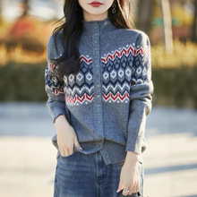 年款红半高领撞色条纹针织开衫女秋冬洋气复古时尚厚毛衣外套批发