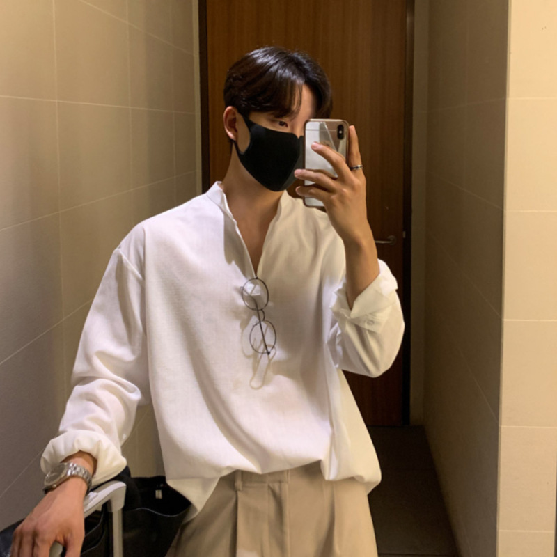 Asclo Summer New Casual Korean Style Cotton Shirt Men's Long-Sleeved Pullover Half Turtleneck Pure Color Top Loose and Trendy