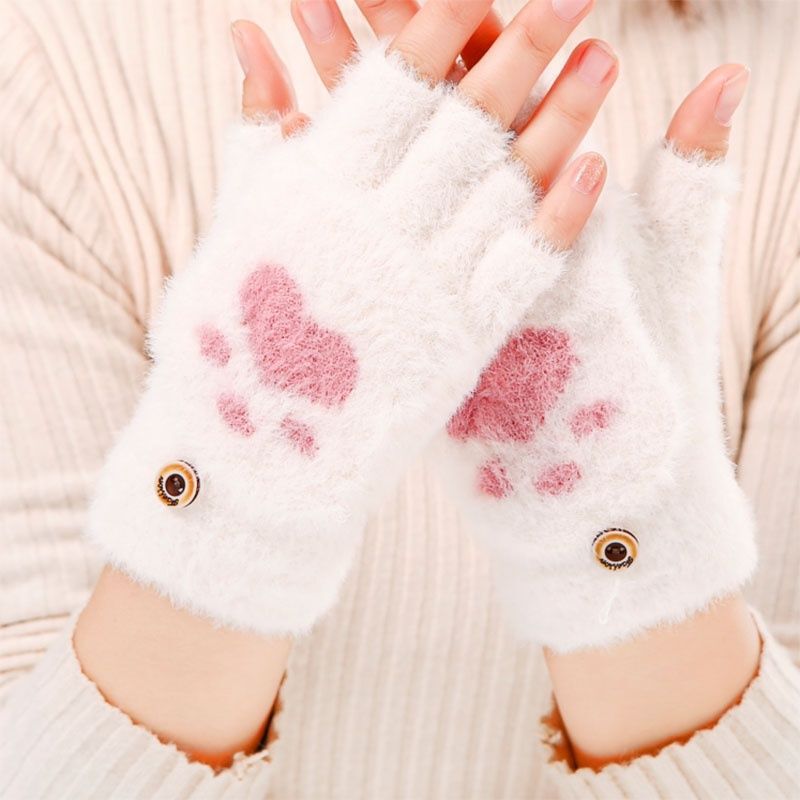 冬のかわいい漫画猫の爪手袋卸売暖かいプラスベルベット厚みのあるフリップ手袋学生ハーフフィンガーニット手袋|undefined