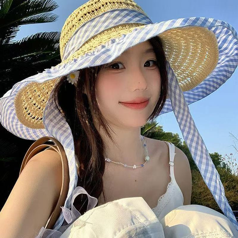 끈 장식 챙 넓은 밀짚모자 - 블루 리본