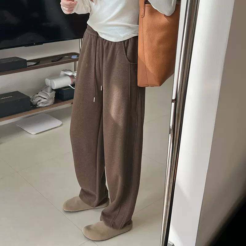 人字纹松紧腰抽绳阔腿裤秋冬新款宽松显瘦直筒小开叉休闲长裤