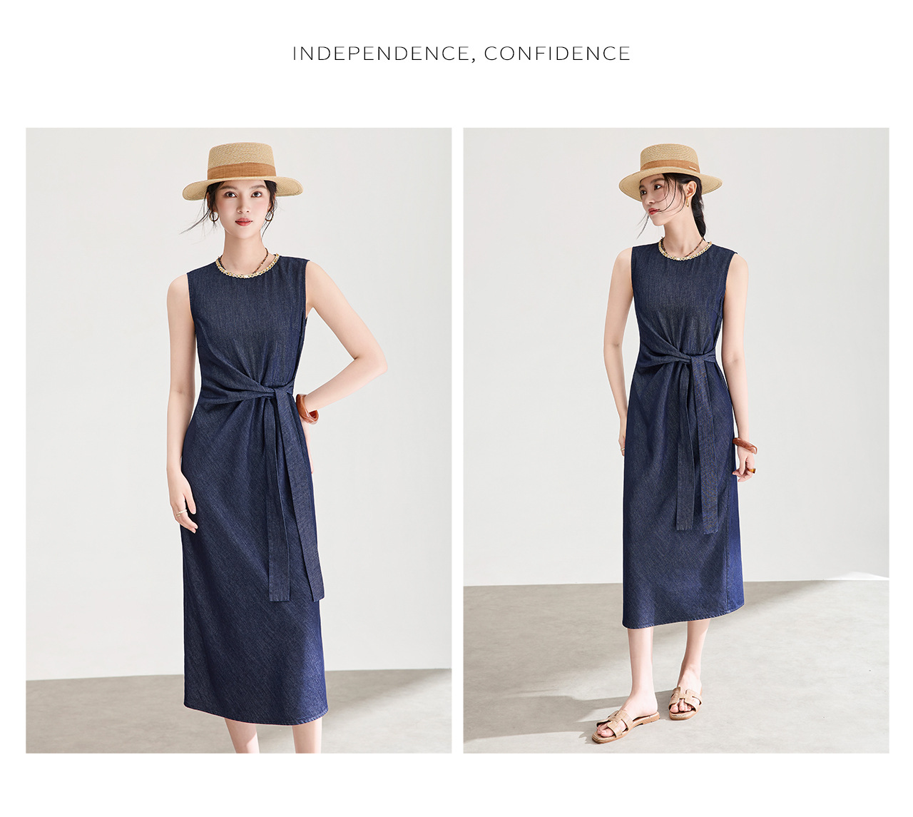 Đầm maxi nữ thiết kế nhăn tay sen cổ tròn chất liệu cotton phối sợi tơ — xanh lam chi tiết 13