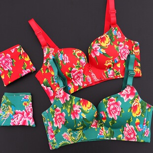 东北大花龙凤无痕无钢圈聚拢文胸收副乳结婚女红色本命年内衣套装-阿里巴巴