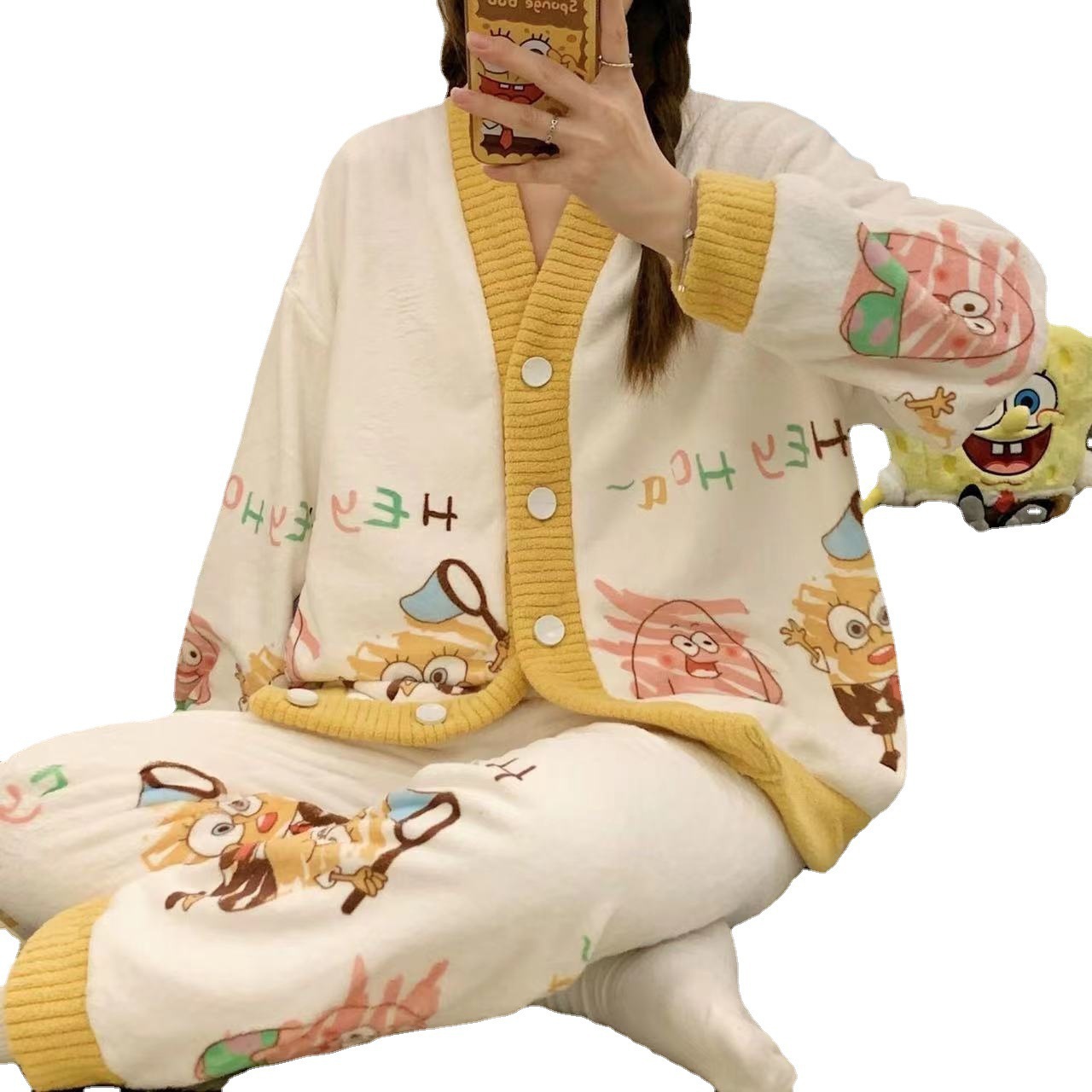 Pijamas de lana de coral mujeres otoño invierno mangas largas 2025 nuevo engrosado calentamiento cardigán de dibujos animados flanel dos piezas conjunto