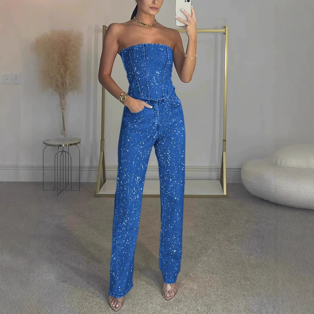 Jeans loose straight fit, American style, diamond-encrusted high-quality design, sizes S–L