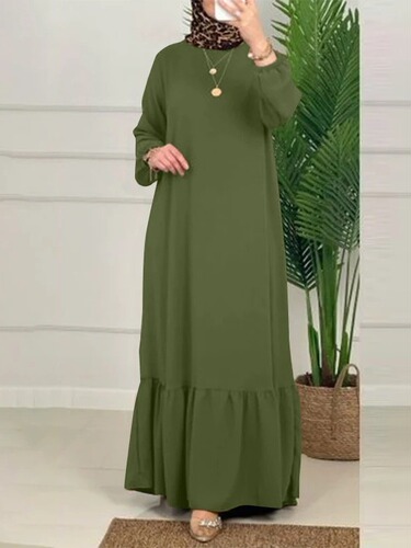 National costumes Arabian solid color long dress, bubble sleeves, ruffled dress, retro robe, national style