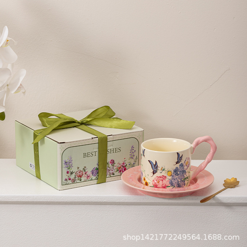 レトロ油絵コーヒーカップ皿セット陶磁器マグカップ小衆カップルカップ蝶コーヒーカップ皿ギフトボックス|undefined