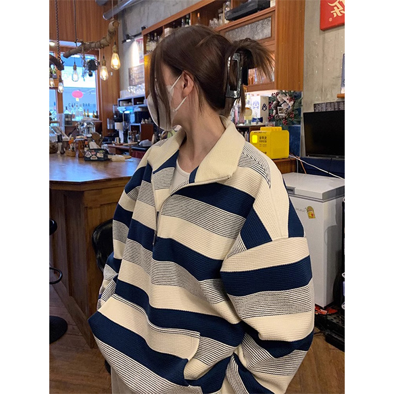 美式复古半拉链条纹卫衣男女春秋季薄款oversize宽松长袖上衣外套