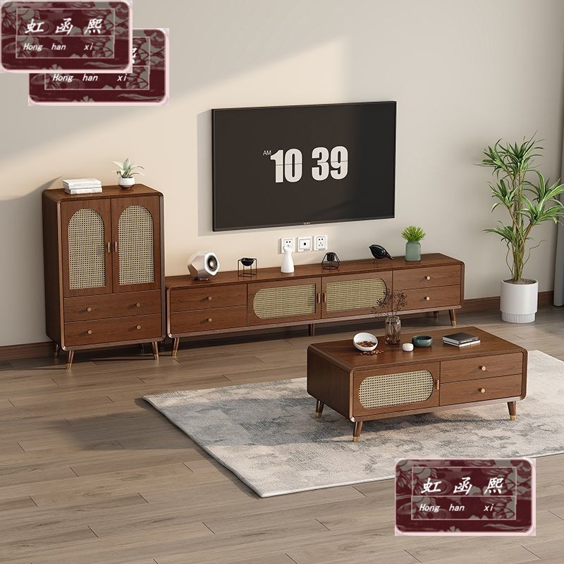Small Apartment Living Room Home Storage Locker New Chinese Style Solid Wood Frame Retro Rattan Tv Cabinet Coffee Table All-In-One