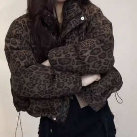 短款棉服女2026年冬季新款美式豹纹加厚面包服女棉衣外套潮流