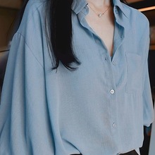 韩版新款宽松雪纺衬衣夏季复古五分袖上衣设计感灯笼袖衬衫女小众