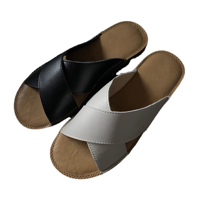 Summer BI, soft super!Any folding leather cross -bottomed slippers Women's sandals women's flat slippers