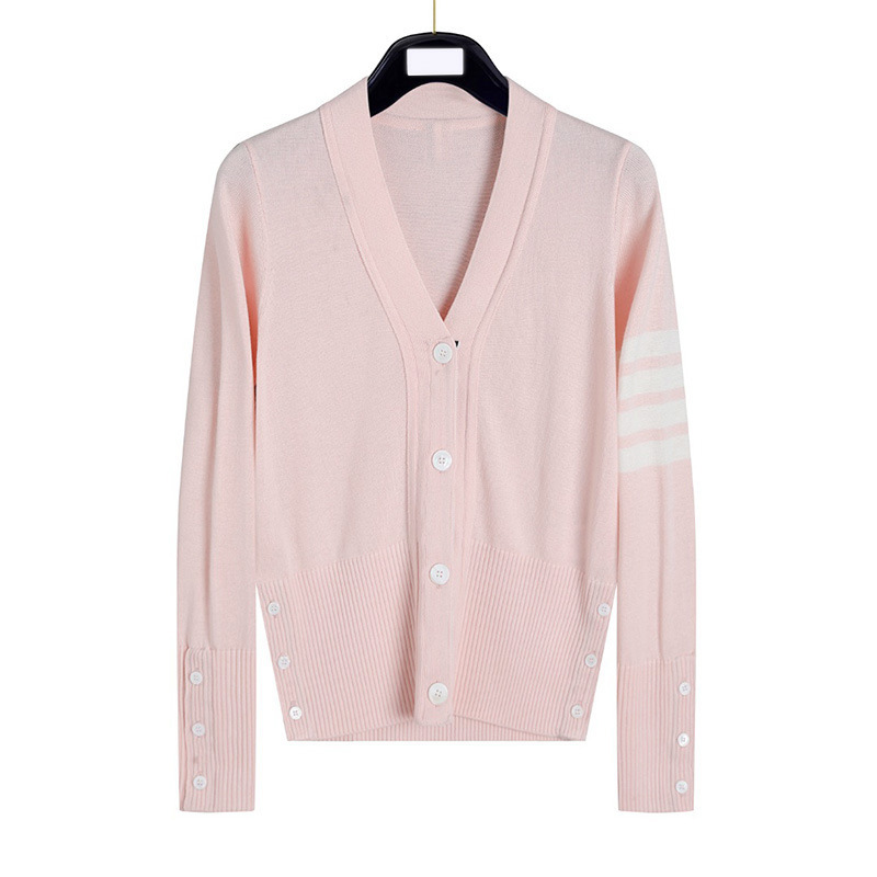 Tb New Preppy Style Pink Four-Bar Four-Button Knitted V Neck Cardigan Sweater for Women, Age-Reducing, Gentle, Casual and Versatile
