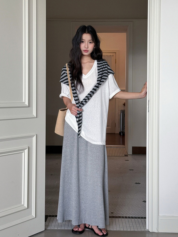 【ロンドンモーニングレッスン】Geming韓国通勤Tシャツ+Aラインスカート+ストライプショール3点セット N393C|undefined