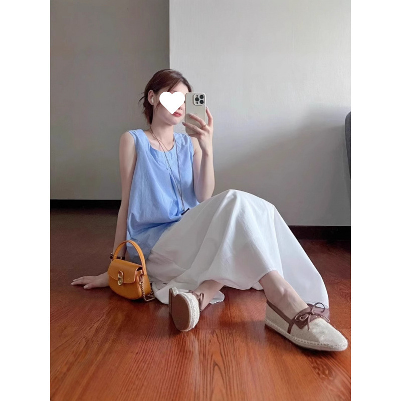 韩系温柔风休闲套装女夏季甜美蓝色无袖背心上衣高腰半身裙两件套|undefined