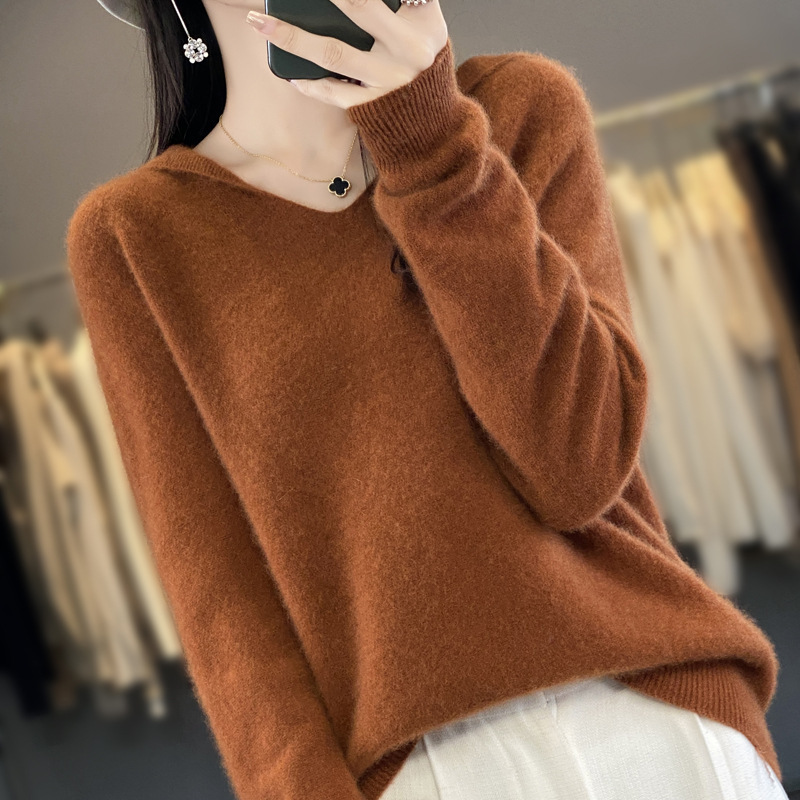 First-Line Ready-To-Wear Seamless Loose Cashmere Sweater for Women, 100% Pure Wool Hooded Sweatshirt, 2025 New Style Knitted Base Layer Shirt