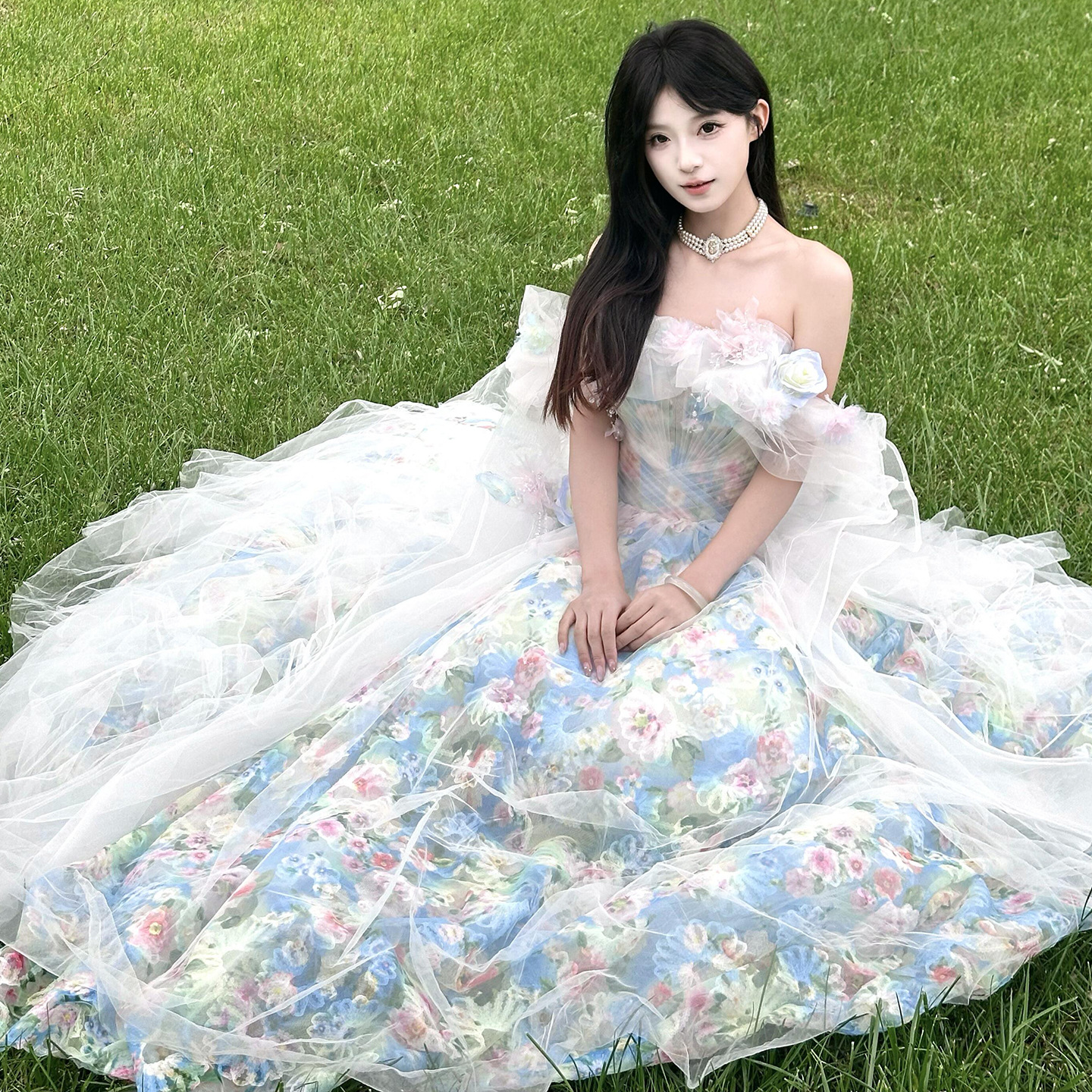 French-Style Blue Evening Dress 2026 New Model for Vocal Performances, Light Luxury Niche Adult Ceremony Fairy Princess Dress