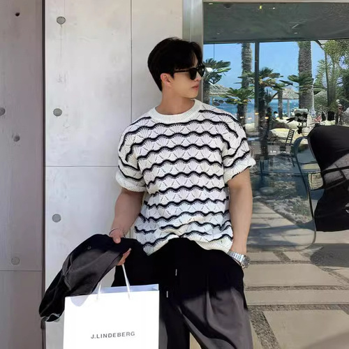 Men's T-shirt Short Sleeve Summer Streetwear High-End Heavy Work Hollow Knit Top with Floral Wave Striped T-shirt