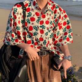 夏港风复古玫瑰花满印短袖衬衫男女夏威夷沙滩风情侣vine衬衣