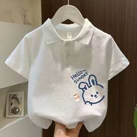 女童纯棉新款夏季T恤2026儿童洋气翻领polo短袖宝宝上衣奶瓶兔