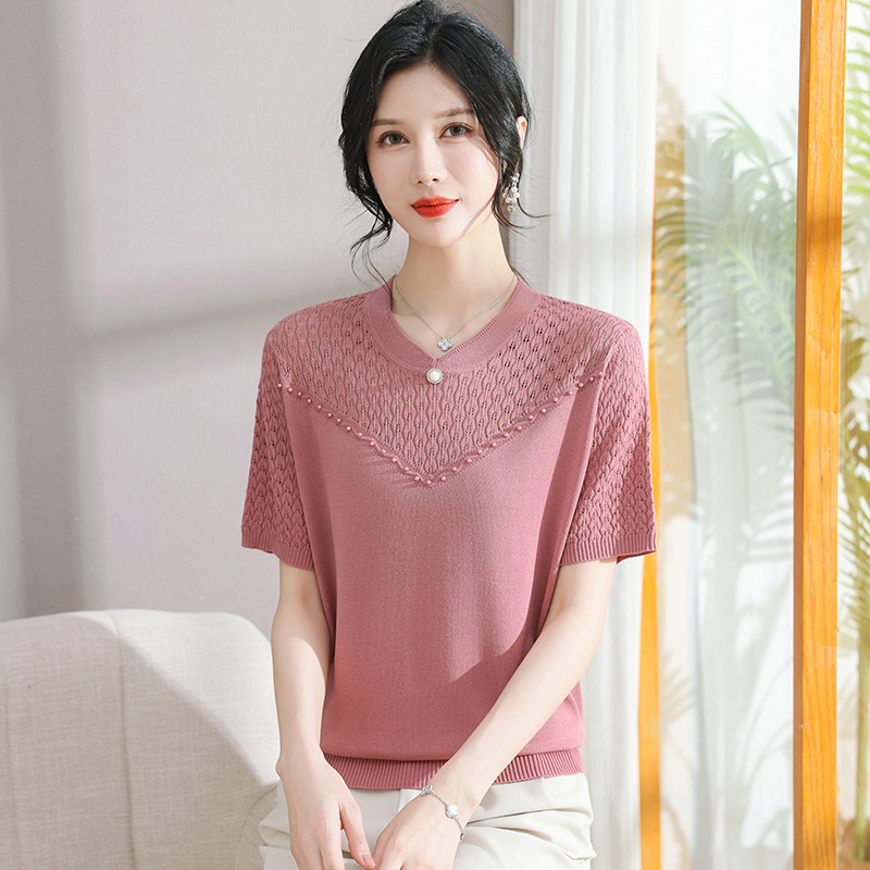中老年女装大码宽松妈妈装夏季上衣时尚镂空针织衫冰丝短袖T恤，女装针织衫/毛衣，妃慕昵服饰