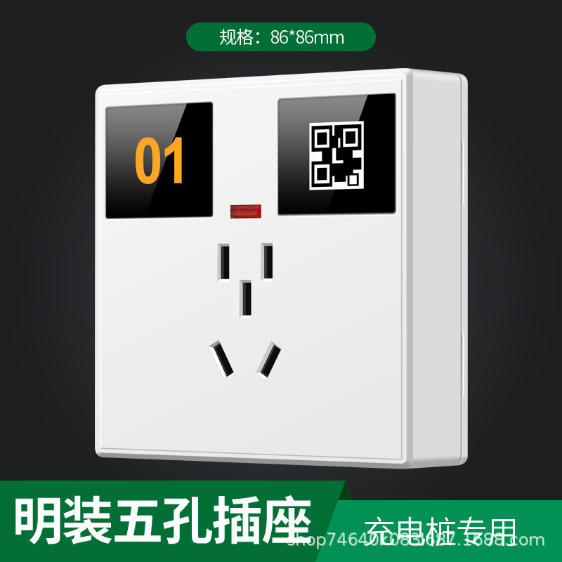 充电桩专用插座明装五孔插座 电瓶车充电桩五孔明装插座带指示灯