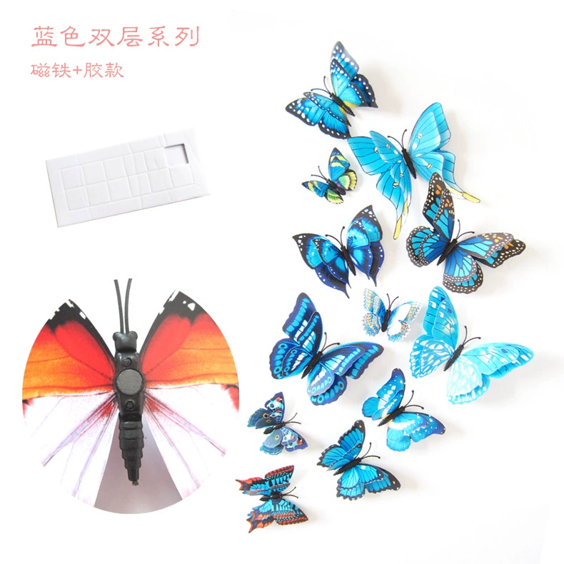 Double-layer creative set with butterfly, decorations, three dimensional fridge magnet on wall, 12 items