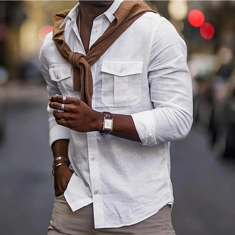 2024 Men's New Solid Cotton Lapel Pocket Shirt_senzul.com
