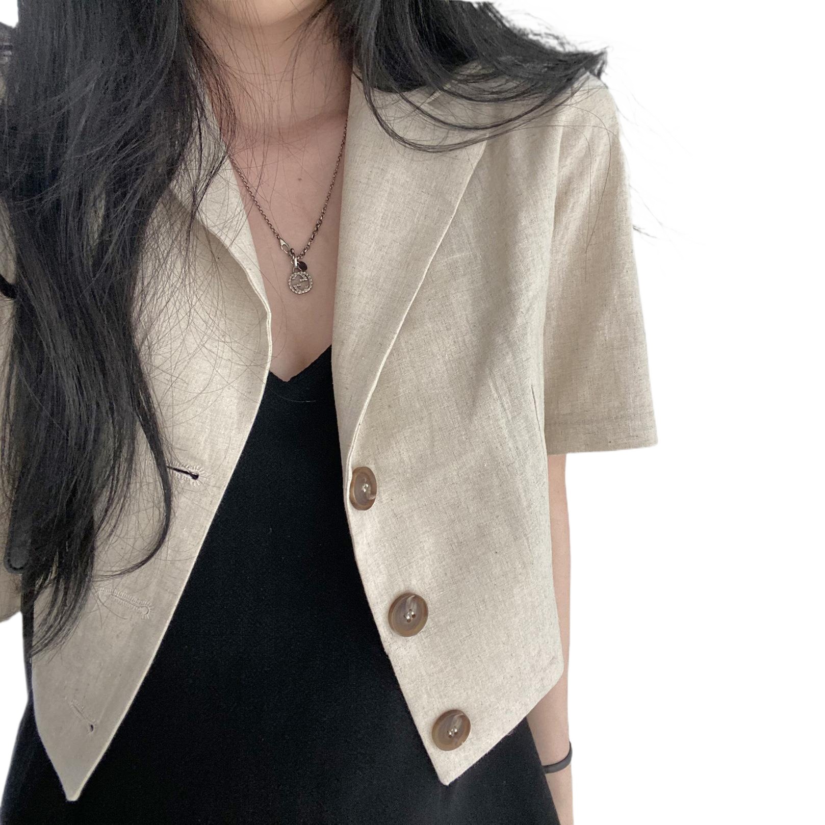 Lightweight Cropped Suit Jacket with Short Sleeves - Apricot or Black, Size: Average Code