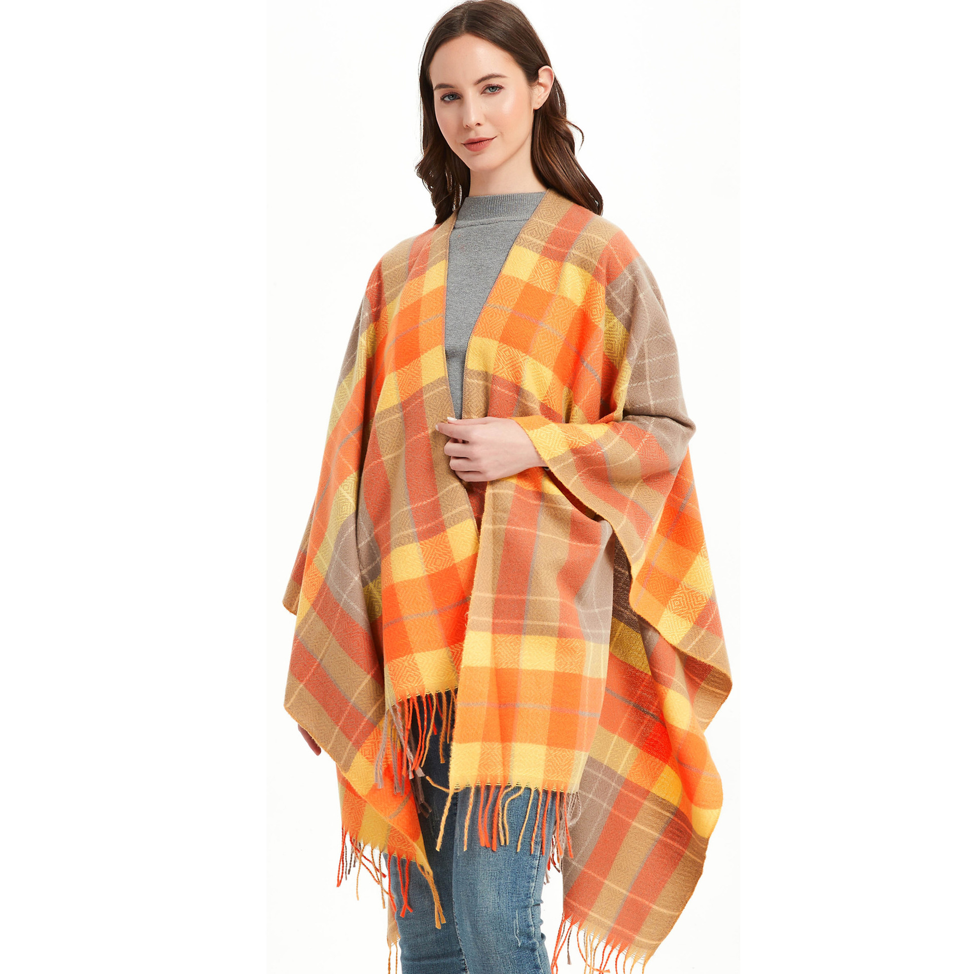 Unisex Spring fall women's cape double-sided plaid split acrylic cape_voghion.com
