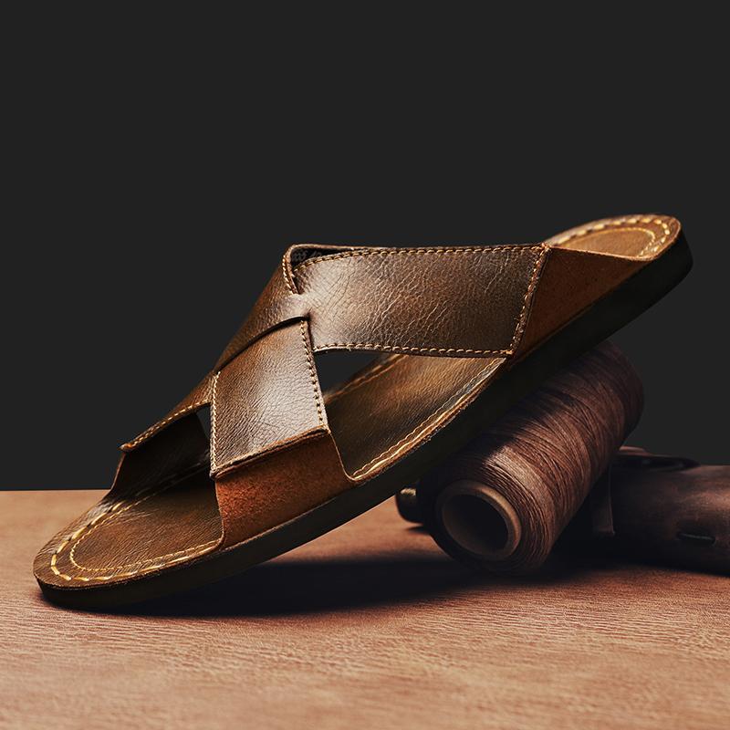 Summer Hot Sale Large Size Men's Shoes Summer New Outdoor Genuine Leather Breathable Men's Slip-On Casual Beach Sandals