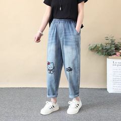 2025 夏の新韓国スタイル漫画刺繍クロップドジーンズ女性のルーズ痩身ストレッチハーレムキャロットパンツ