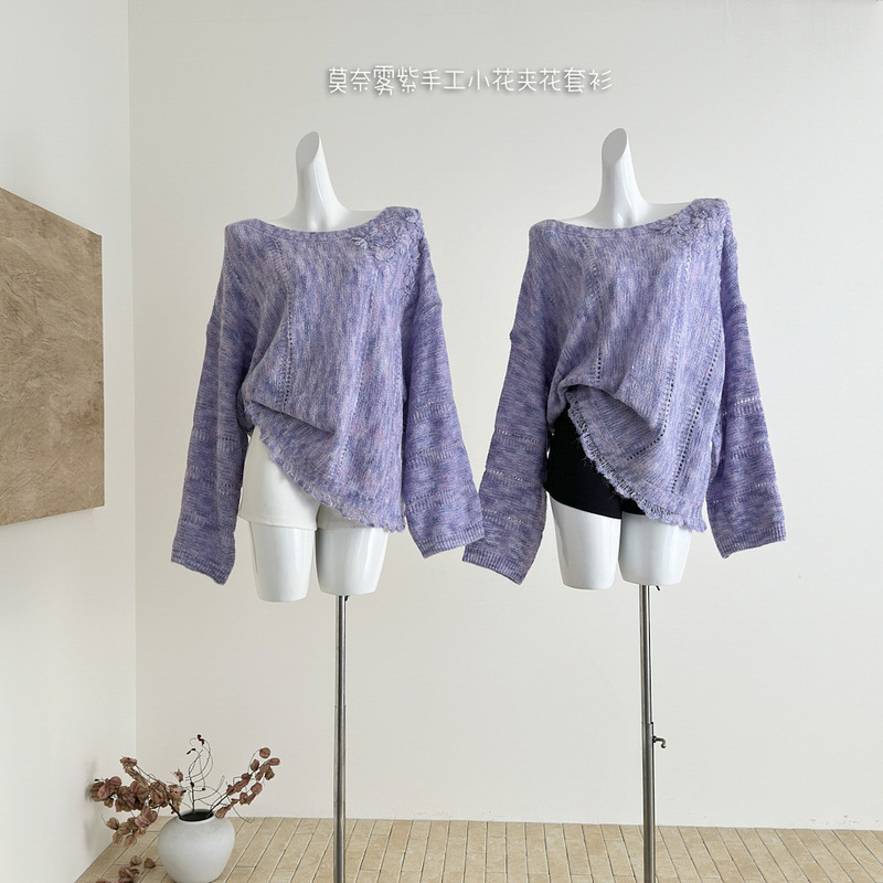 Temple Mai Oil Painting Color Monet Mist Purple Handmade Small Flower Wool Pullover 2025 Women's Sweater New Style